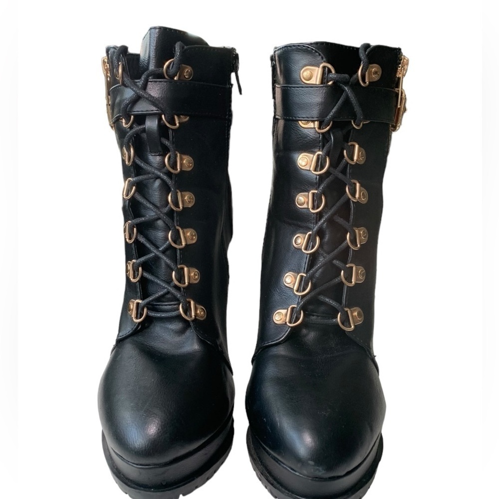 Black & Gold lace up bootie with Zipper high heels boots - Picture 4 of 16